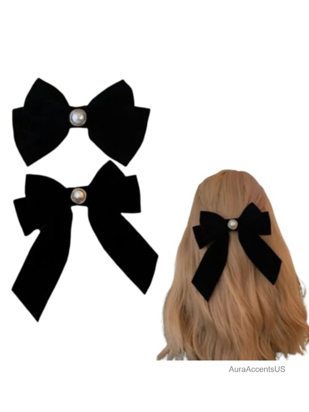 Velvet Hair Bow Clip with Pearl Accent, Set of 2, Large Bow Hair Accessory